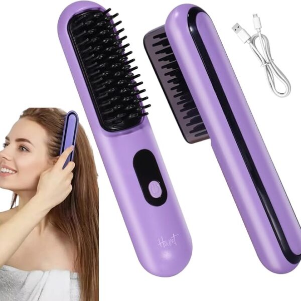 HOUMT Wireless Hair Straightener Comb, Portable Mini Cordless Hair Straightener Brush for Travel, USB Rechargeable Negative Ion Hot Comb Straightener Handbag Carry Lightweight Hair Straightener
