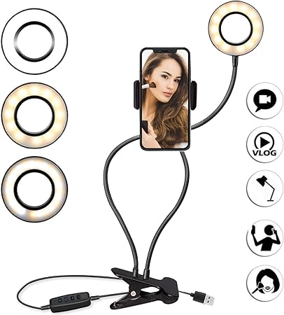 HOUMT Selfie Ring Light Cell Phone Holder Compatible with iPhone 16/15/14/13/12/SE/11/XR/XS Plus/Pro/Pro Max Flexible Clip USB LED Desktop Stand for Live Streaming