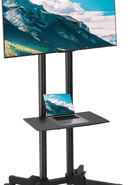 SKY-TOUCH Mobile TV Stand Rolling TV Cart for 32-65 Inch,Height Adjustable Floor TV Stand,Lockable Wheels&Removable Shelf for LCD LED 4K Flat Curved TV,110 lbs,Max VESA 600x400mm,180x76x56cm,Black