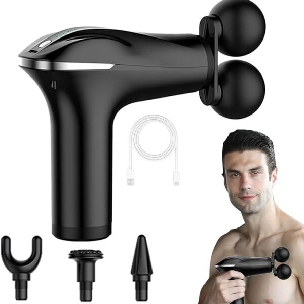 BORTONY Mini Massage Gun, Deep Tissue Muscles Gun Massager, Double-Head Body Massager Professional Muscle Percussion Massage Gun 6 Speeds Quiet Portable Handheld Massager for Back, Neck (Black)