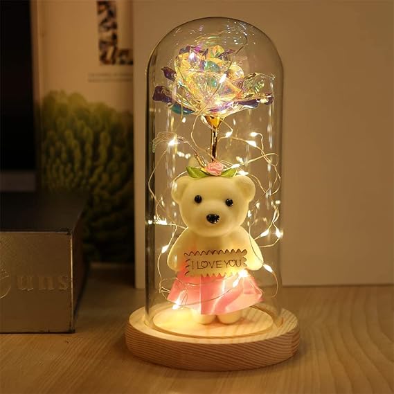 SYOSI Galaxy Rose Gift, Infinity Rose in Glass Dome, Colourful Artificial Flower Rose Gift, LED String Lights on Galaxy Rose, Unique Gift for Birthday Mum Girlfriend Grandma