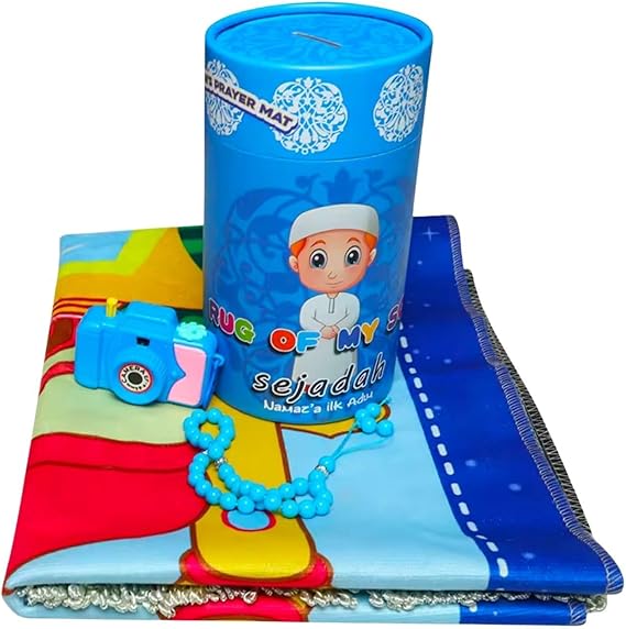 Home Smart Children Prayer Mat Gift for Boys and Girls Folding Prayer Mat with Mini Camera Prayer Beads and Money Box Ideal for Ramadan Gift (Blue)