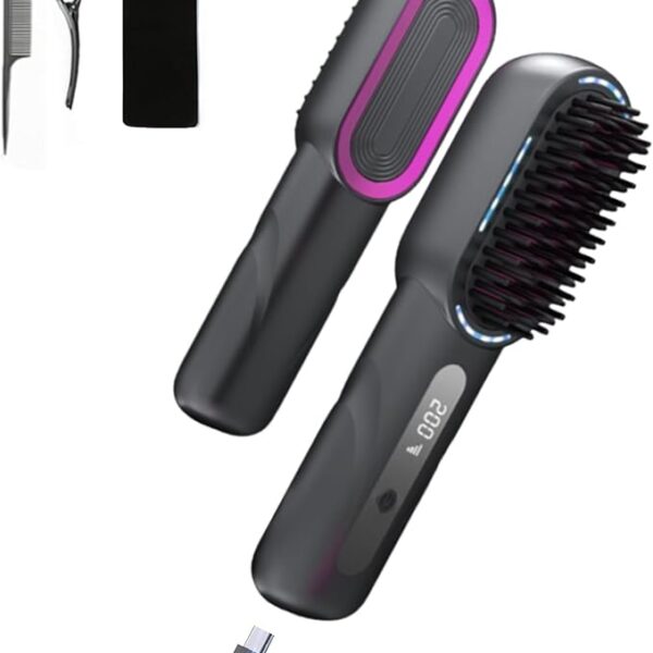 Moninsta Cordless Hair Straightener Brush, Portable Straightening Comb for Travel, 30s Fast Heating, 5000mAh Dual USB-C Rechargeable, Lightweight On-the-Go, Gift for Women (Black)