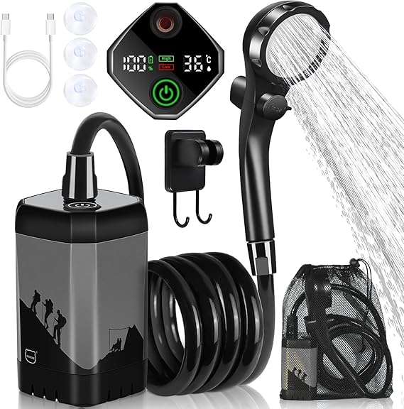 MIAOKE Upgrade Portable Camping Shower, 7800mAh Outdoor Electric Shower Rechargeable Pump with Intelligent Digital Display Temperature Display Shower Head for Camping