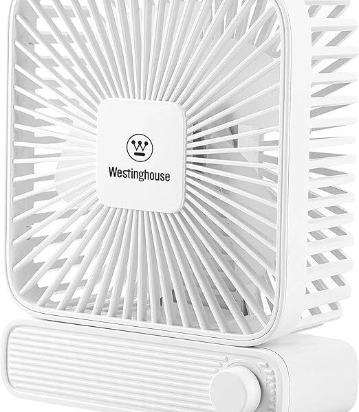 Westinghouse Rechargeable Table Fan with Adjustable Speed Control Knob – Compact Square Design, Silent Operation, USB Powered, Portable Mini Fan for Desk, Office & Travel