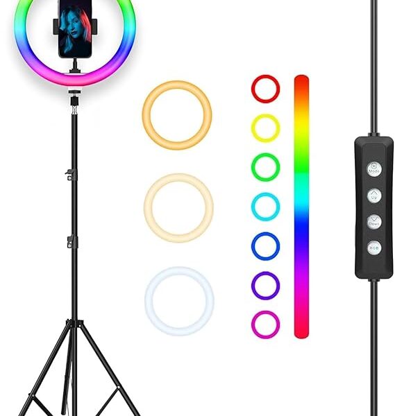 Worldtronics 14-Inch RGB LED Ring Light with 7FT Tripod Stand & Phone Holder, USB-Powered Dimmable Light for YouTube, Reels, Makeup, Video, Selfies, Live Streaming, Photography, Multicolor Modes