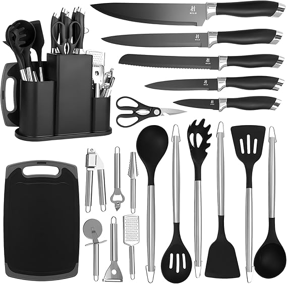 HILU 20-Piece Knife & Utensil Set w/Storage Rack – Includes Cutting Board, Silicone Utensils, Knives, Chopping Board, Cooking Tools, Kitchen Accessories & Gadgets (Black)