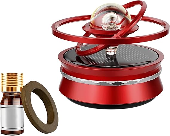 HOUMT Car Air Freshener Crystal Ball Rotating Aromatherapy Diffuser with 360°Double Ring Rotating Design Car Fragrance Solar Energy Air Purifier Dashboard Decoration Toy (Red)