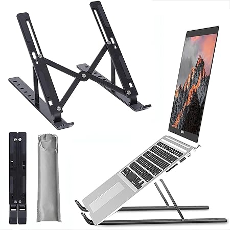 Worldtronics Foldable Laptop Stand Tabletop Holder for Desk, Adjustable Ventilated Portable Aluminum Stand Compatible with 15.6 Inch Laptop, MacBook, Tablets, Smartphones, Black