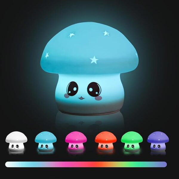 Worldtronics Night Light for Kids, 7 Colors Dimmable Mushroom Rechargeable Cute Silicone Squishy Lamp Touch Nursery Night Light Room Decor Cool Gifts