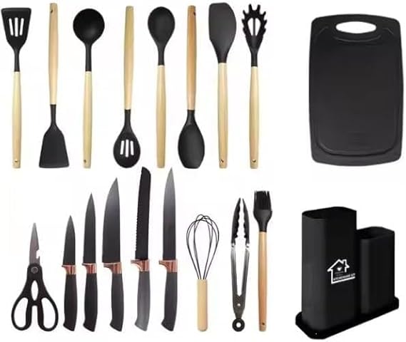 Worldtronics 19-Piece Silicone Kitchen Utensil Set – Food Grade Non-Stick Spatula, Soup Spoon, Egg Beaters, and More with Wooden Handle, Heat Resistant and Durable, Perfect for Cooking and Frying