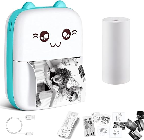 HOUMT Label Maker, Mini Photo Printer, Bluetooth Inkless Printer with 1 Roll Thermal Printing Paper Compatible with iOS Android Small Pocket Printer for Photo, Notes, Receipt Memos (Blue)