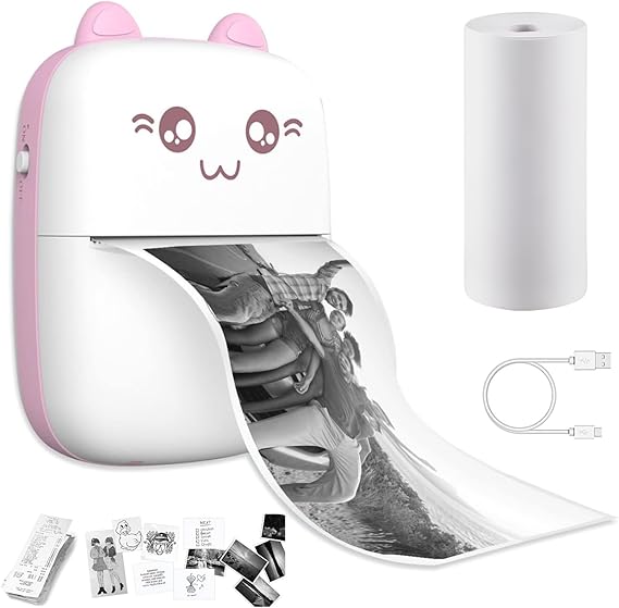 HOUMT Label Maker, Mini Photo Printer, Bluetooth Inkless Printer with 1 Roll Thermal Printing Paper Compatible with iOS Android Small Pocket Printer for Photo, Notes, Receipt Memos (Pink)
