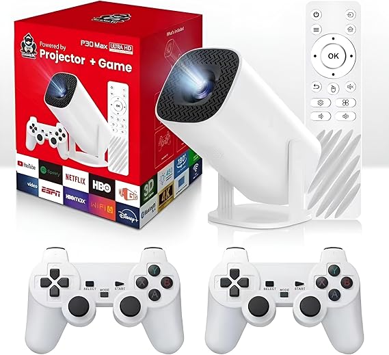 HOUMT Mini Projector with Game Console, 1080P Video Game Projector 2 Wireless Controller Support 150 ANSI Lumens with WiFi 6, BT 5.0, 180 Degree Rotation Auto Keystone Projector Home Theater Cinema