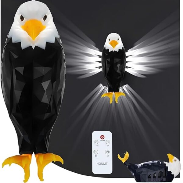 HOUMT 3D Eagle Wall Lamp, Magnetic LED, Black/Yellow/White, Rechargeable, 600LM, 4H Wireless, Remote Control, Rustic Decor