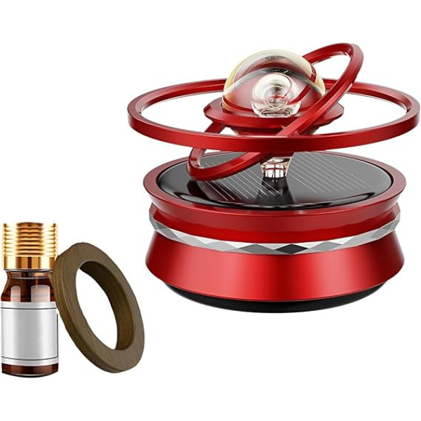 HOUMT Car Air Freshener Crystal Ball Rotating Aromatherapy Diffuser with 360°Double Ring Rotating Design Car Fragrance Solar Energy Air Purifier Dashboard Decoration Toy (Red)