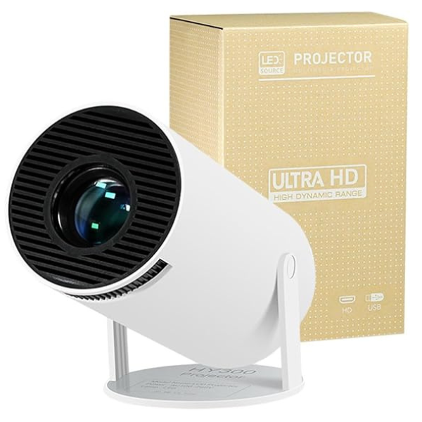 HY300 Mini Projector, 120 ANSI Lumens, 720P Native Resolution, 5G WiFi, 4K Support, 180° Projection, Android 11.0