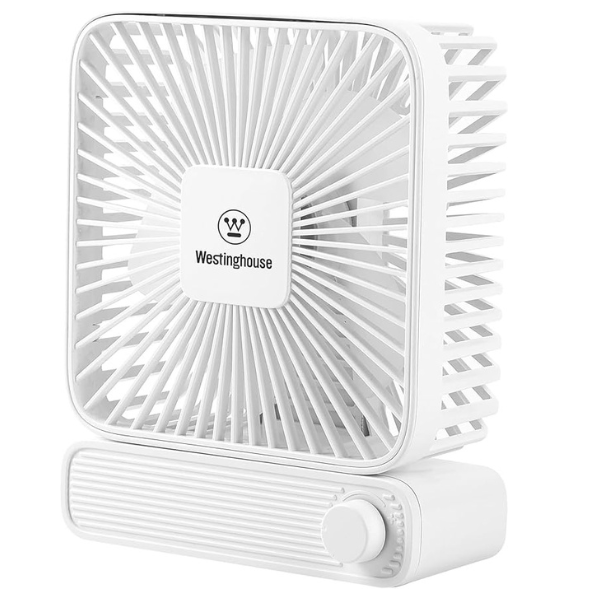 Westinghouse Rechargeable Table Fan with Adjustable Speed Control Knob – Compact Square Design, Silent Operation, USB Powered, Portable Mini Fan for Desk, Office & Travel