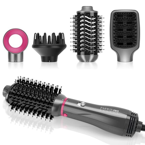 PARWIN PRO BEAUTY 4 in 1 Hair Dryer Brush Set, Hot Air Styler with 4 Attachments as Hairdryer, Hot Air Brush, Hair Diffuser, Hot Brush for Hair Styling, Ionic Care Frizz-Free, 1000 Watts, Sliver