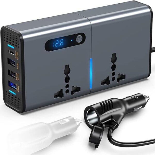 FOKKAH 200W Car Power Inverter, DC 12/24V to 220V AC Car Inverter,3 USB 1 Type-C Ports Charger Adapter Car Plug Converter with Switch and Current LED Screen,Suitable for Cars, SUV & Truck(Silver gray)