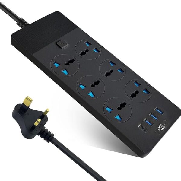 SKY-TOUCH Power Strips Extension Cord 6 Outlets, UK Plug Universal Plug Adapter with 3 USB & 1 Type-C Ports Surge Protector, Charging Socket with 2M Bold Extension Cord (Black)