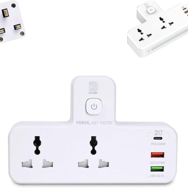 Daneen 5-in-1 Multi plug power extension socket with 2 USB, 2 Outlets,1 Type-C Port, Surge Protector, LED night light, Universal adapter for kitchen, Home, office(White) (Socket Extender SC2312)
