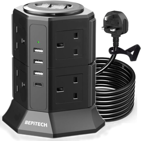BEPiTECH 20W PD USB-C 12-in-1 Extension Cord Tower Outlets with 3 USB-A Charging Ports, 8 UK-UAE Socket 2M Cable, Surge-Protected Lead, Ultimate space Saving Fits Large Plugs, Ideal for Office & Home