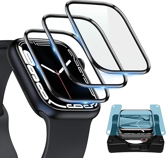 New 3 Pack Screen Protector for Apple Watch 44mm SE Series 6 series 5 series 4, 3D Curved Edge Full Coverage Waterproof HD Clear Soft Film Accessories with Easy Installation Frame