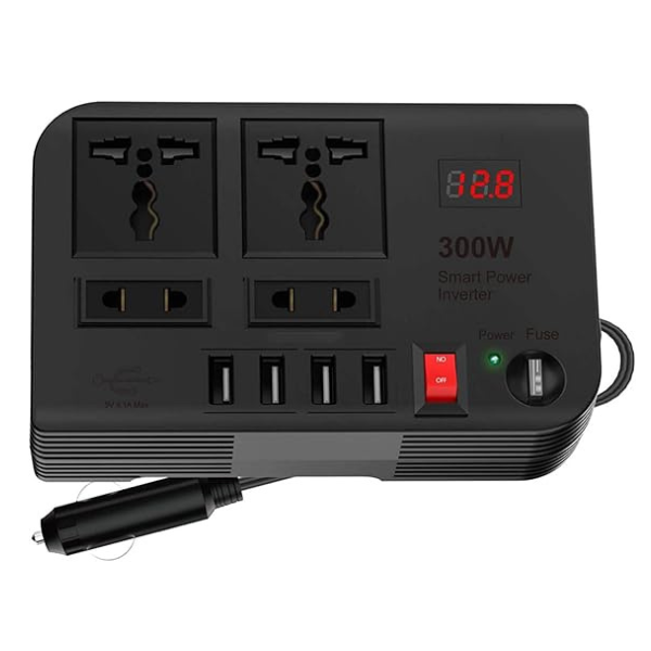 Skypearll Car Laptop Charger, 300W Car Inverter DC 12V to AC 220V with 4 USB Ports Fast Charging, 2 Universal Sockets, Black, 1 Pack